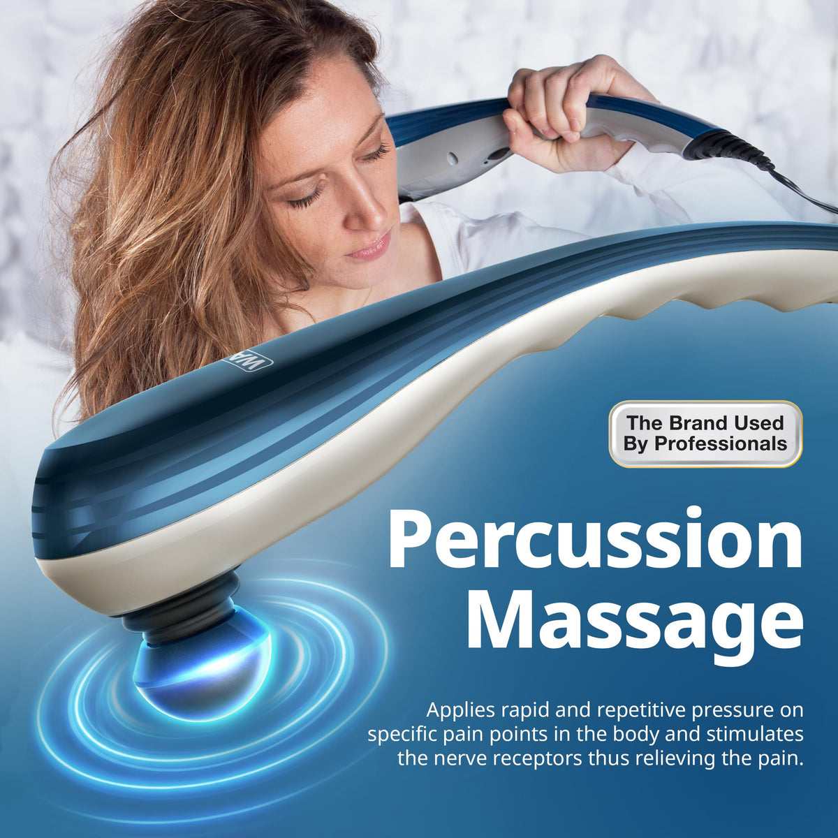 Wahl handheld deep tissue massager showcasing the variable intensity control dial located on the handle.
