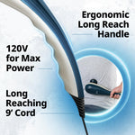 Wahl therapeutic massager being used on leg muscles to improve blood circulation and reduce post-workout soreness.