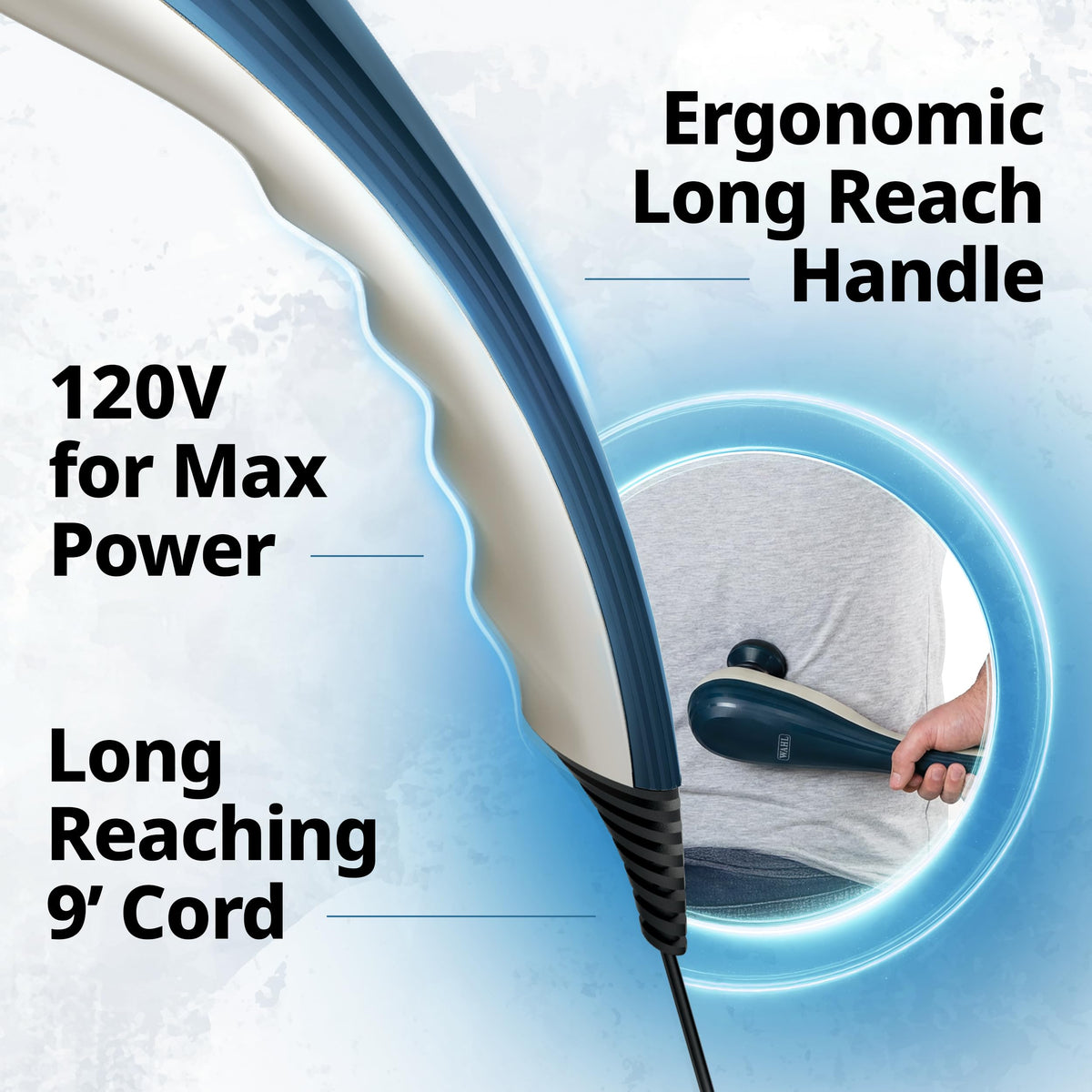 Wahl therapeutic massager being used on leg muscles to improve blood circulation and reduce post-workout soreness.