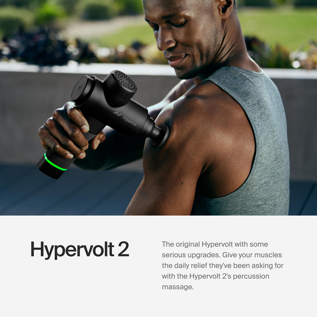Hyperice Hypervolt 2 portable deep tissue massager shown with five interchangeable head attachments.