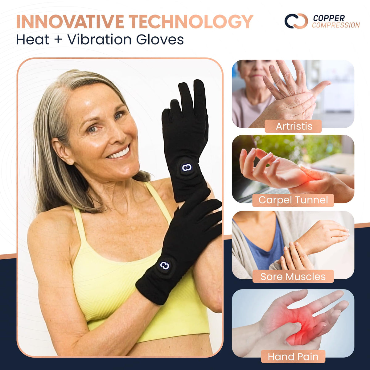 Copper Compression CopperVibe therapeutic gloves showing the multi-function control button on the wrist