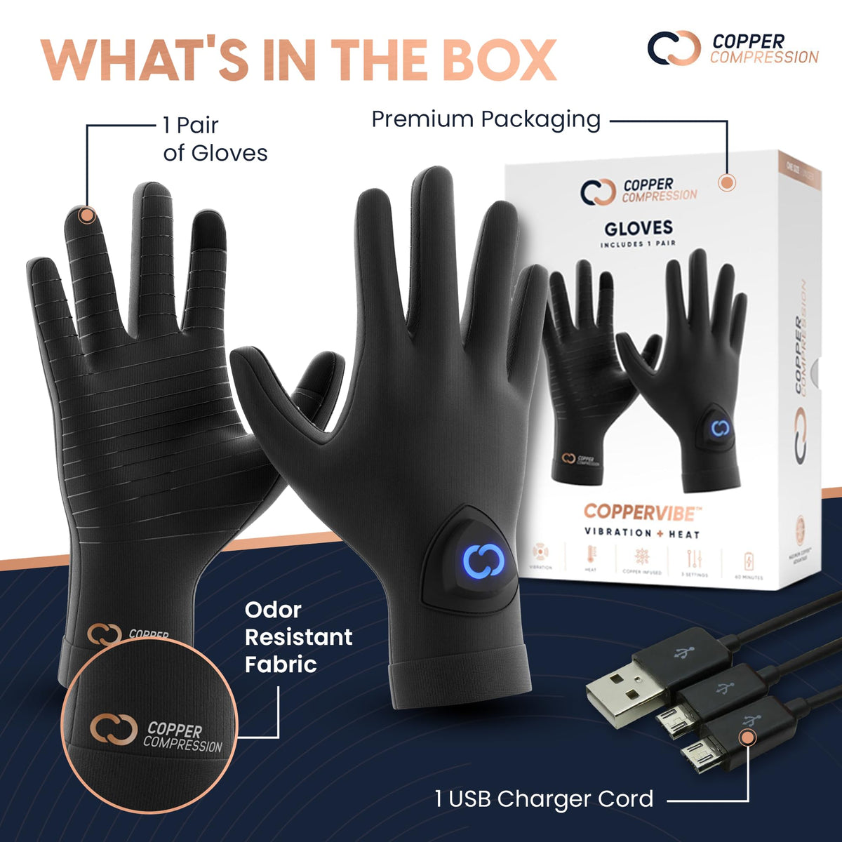 Copper Compression CopperVibe massager gloves demonstrating the flexible unisex fit on a user's palm