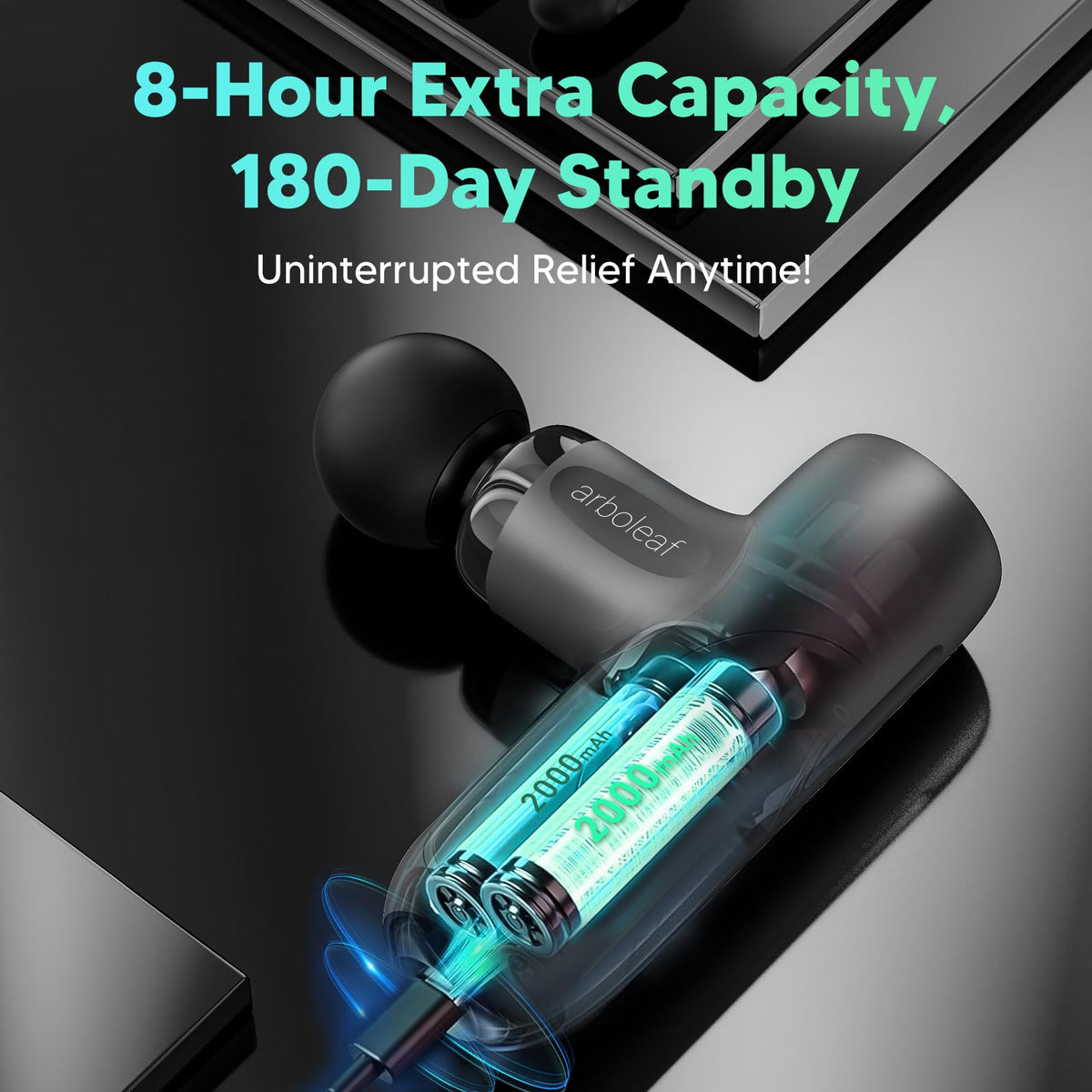 Premium cordless massager showcasing the Type-C charging port and dual battery layout indicators
