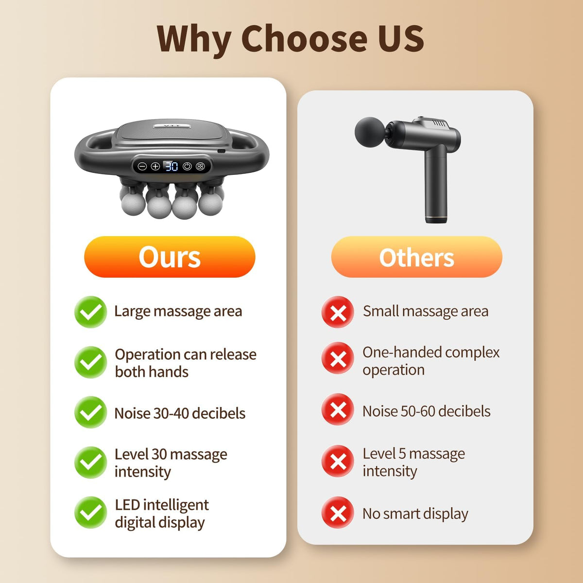 VTT muscle massager gun demonstrating the high-power brushless motor design and deep tissue penetration angle