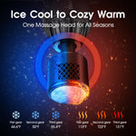 AERLANG muscle percussion massager showing the interchangeable heating and cooling attachment head with temperature color indicators.