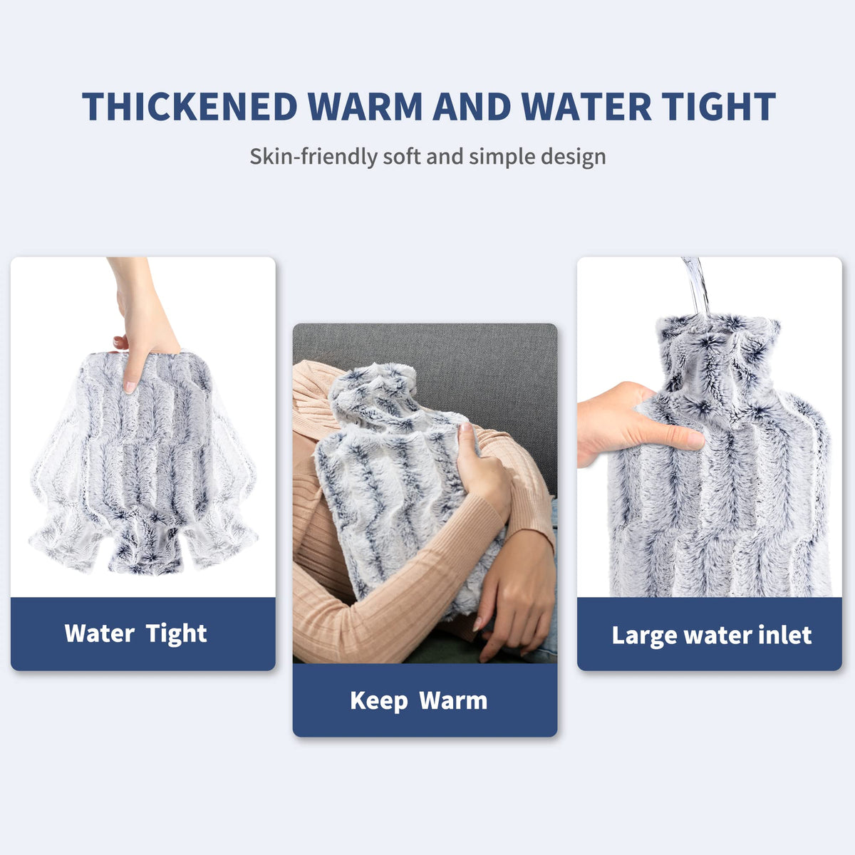 Samply thermal therapy bag with its premium plush light blue faux fur cover partially removed.