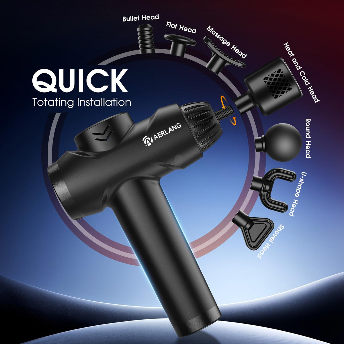 Side profile of the AERLANG handheld deep tissue percussion massager detailing its ergonomic handle and USB-C charging port location.