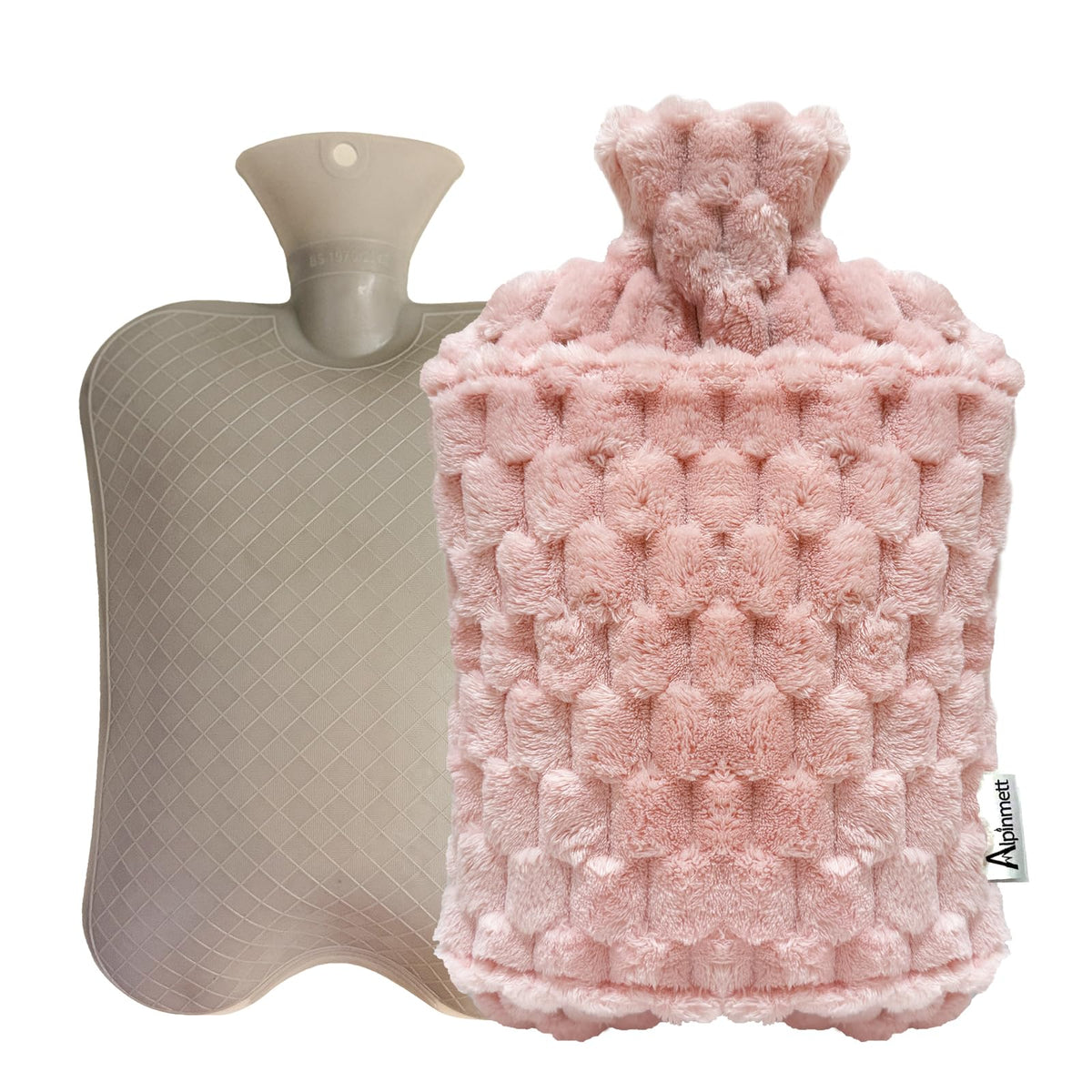 Alpinmett pink three liter hot water bag packaged with its ultra soft protective plush cover