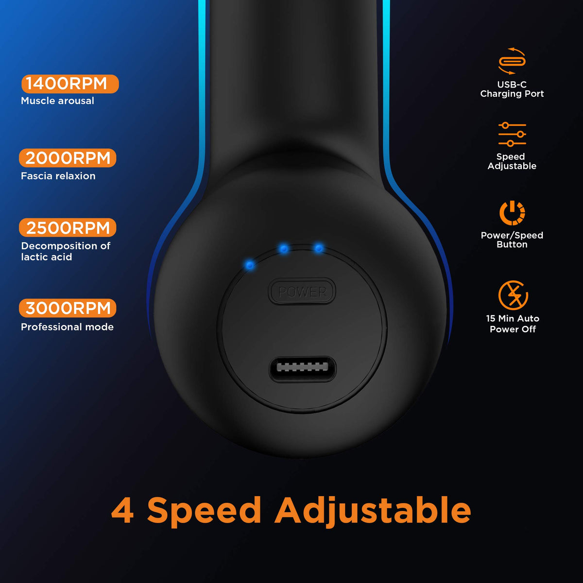 Handheld deep tissue muscle percussion massager showing the sleek power button and speed indicators.