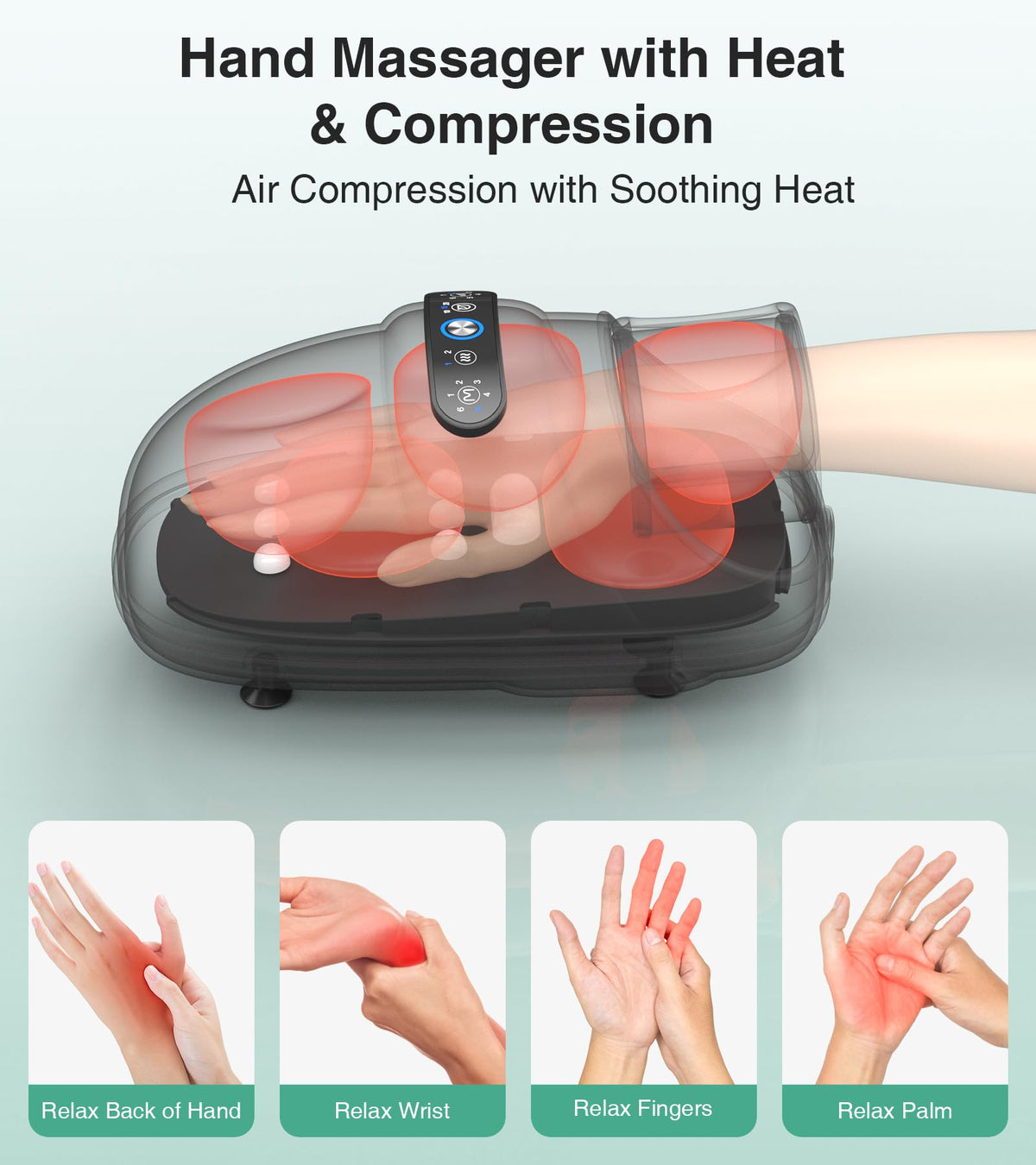 Medcursor hand massager machine with heat showing side profile and ergonomic entry sleeve