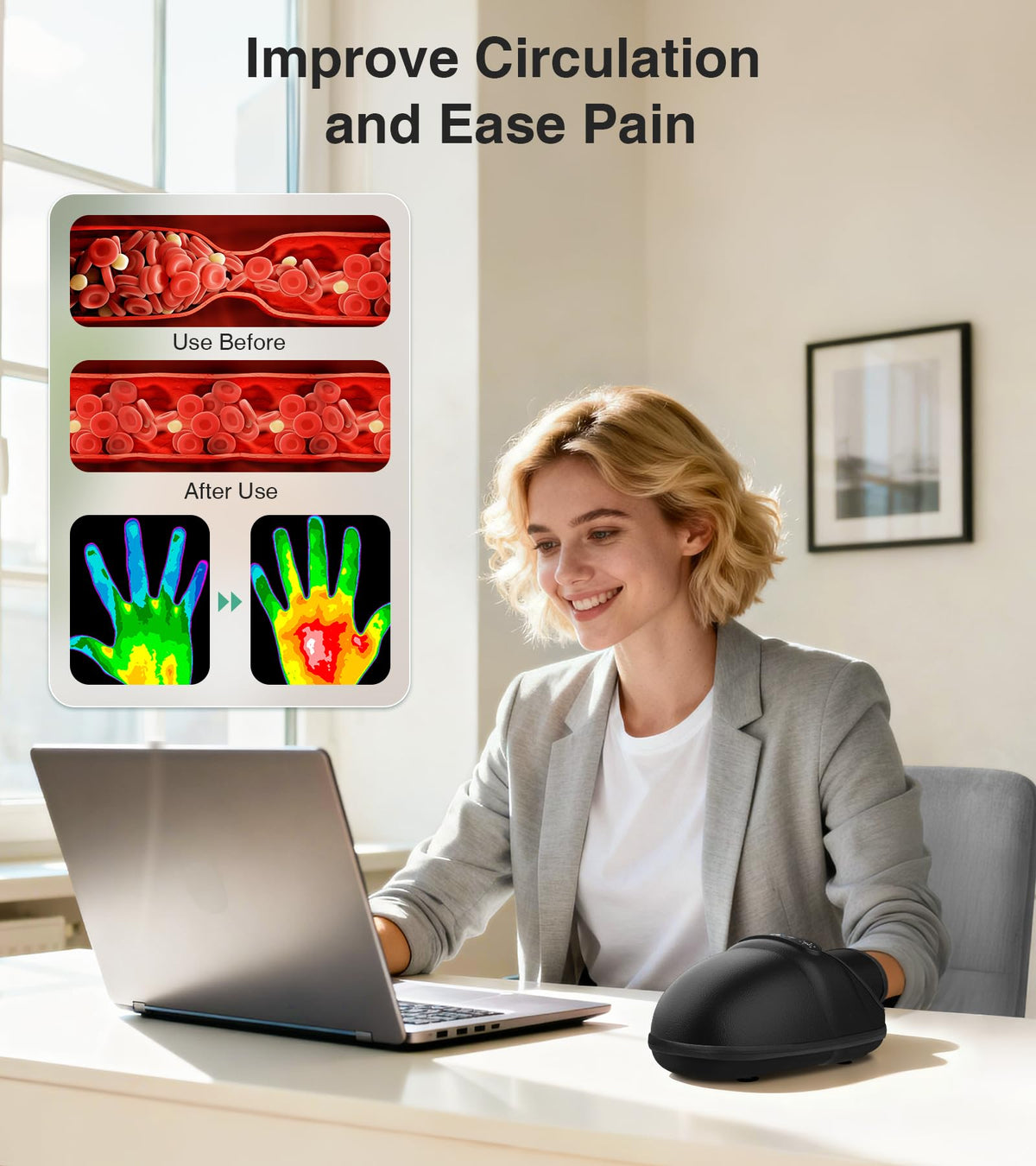Electric compression hand massager showing interior lining with acupressure beads for palm relief