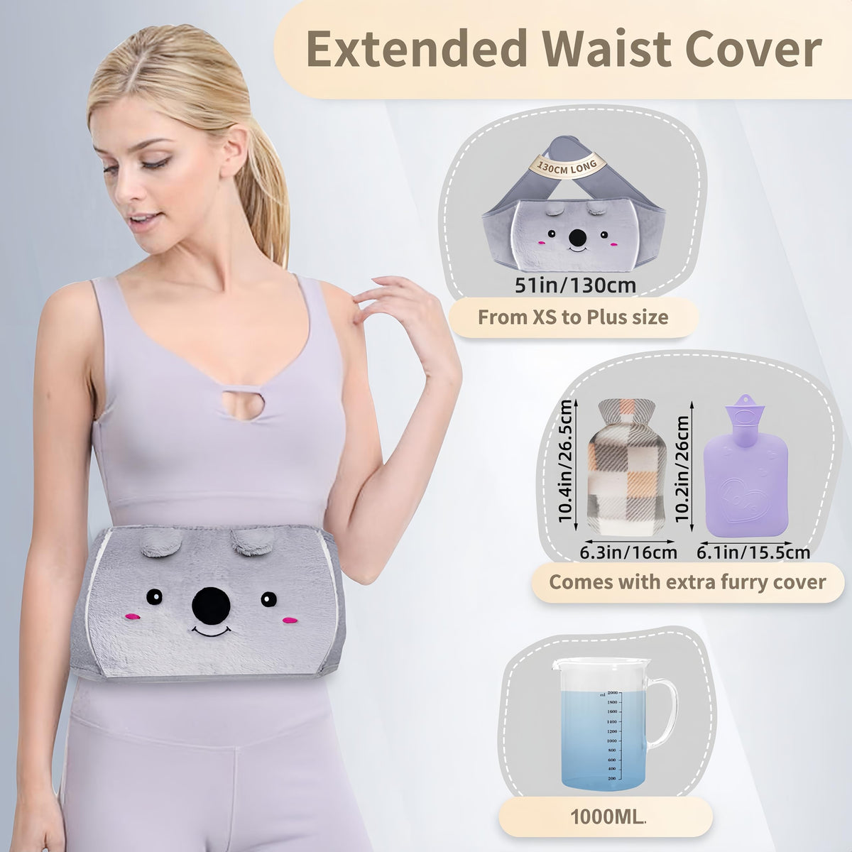 One liter rubber hot water bag showing wide mouth nozzle and anti-squirt stopper design