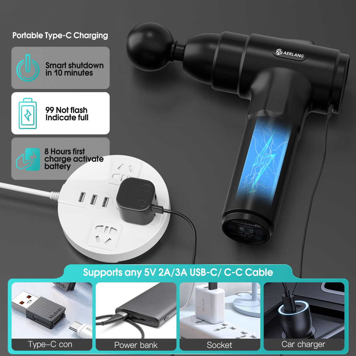 AERLANG cordless muscle fascia massager gun demonstrating ergonomic handle grip for back and neck pain relief