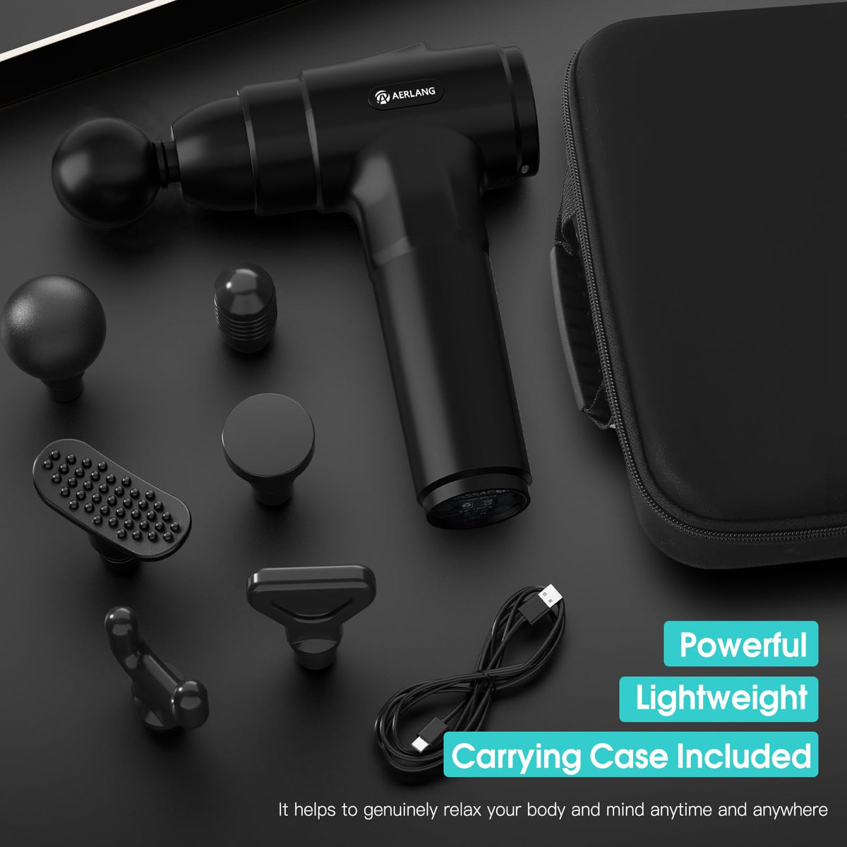Full premium retail packaging set of the AERLANG percussion massager machine featuring all included components