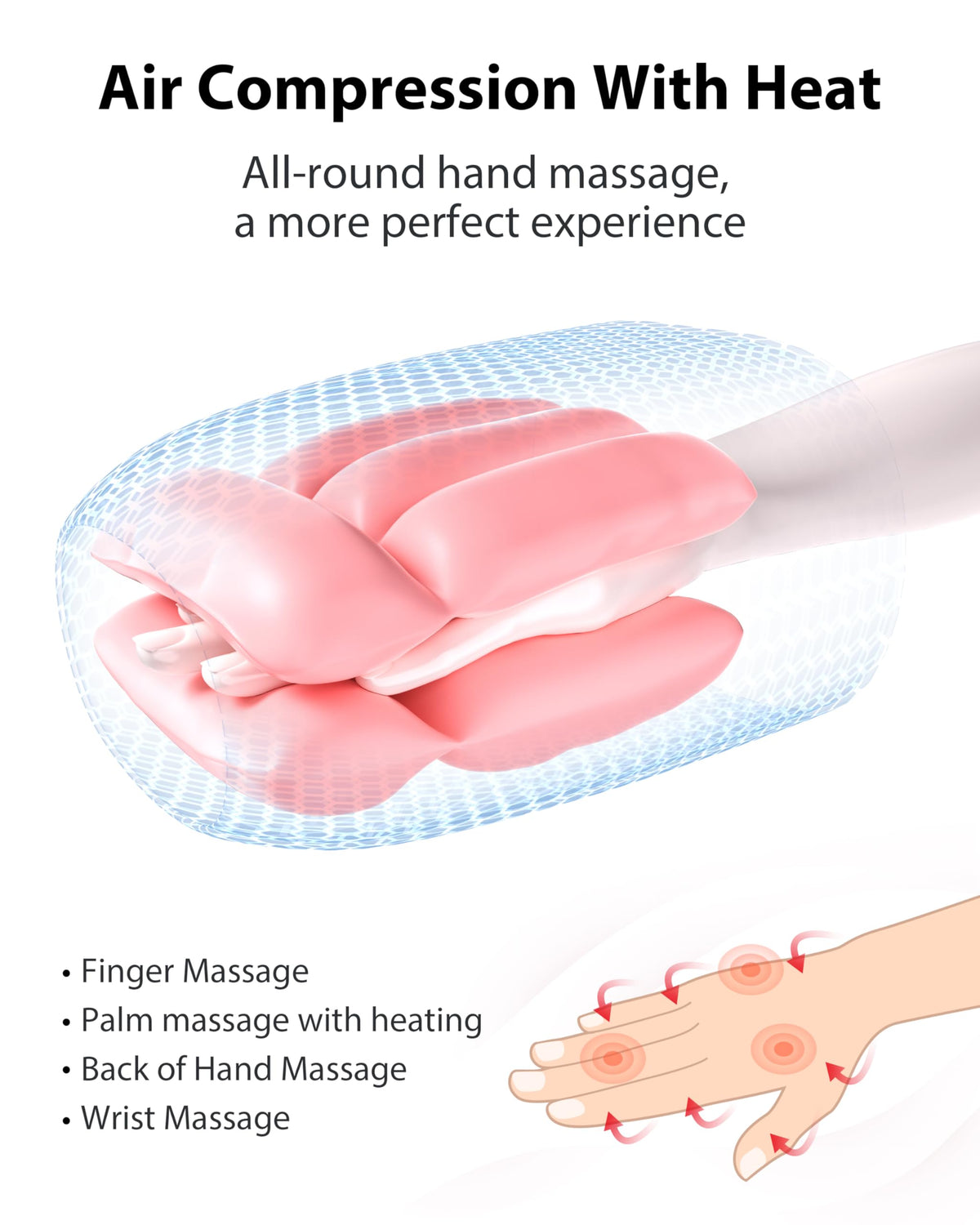 CINCOM cordless hand massager showing the ergonomic open-ended chamber design for various hand sizes