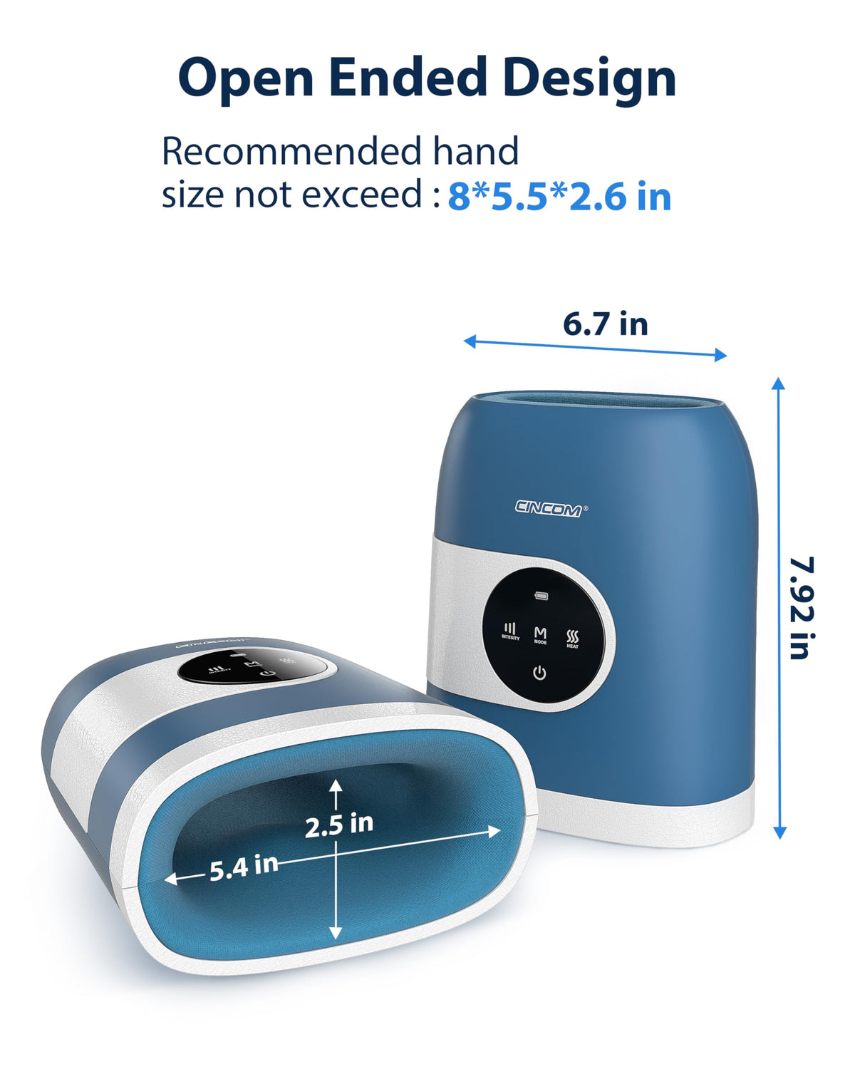 An authentic CINCOM wellness hand massager packaging box and included charging accessories