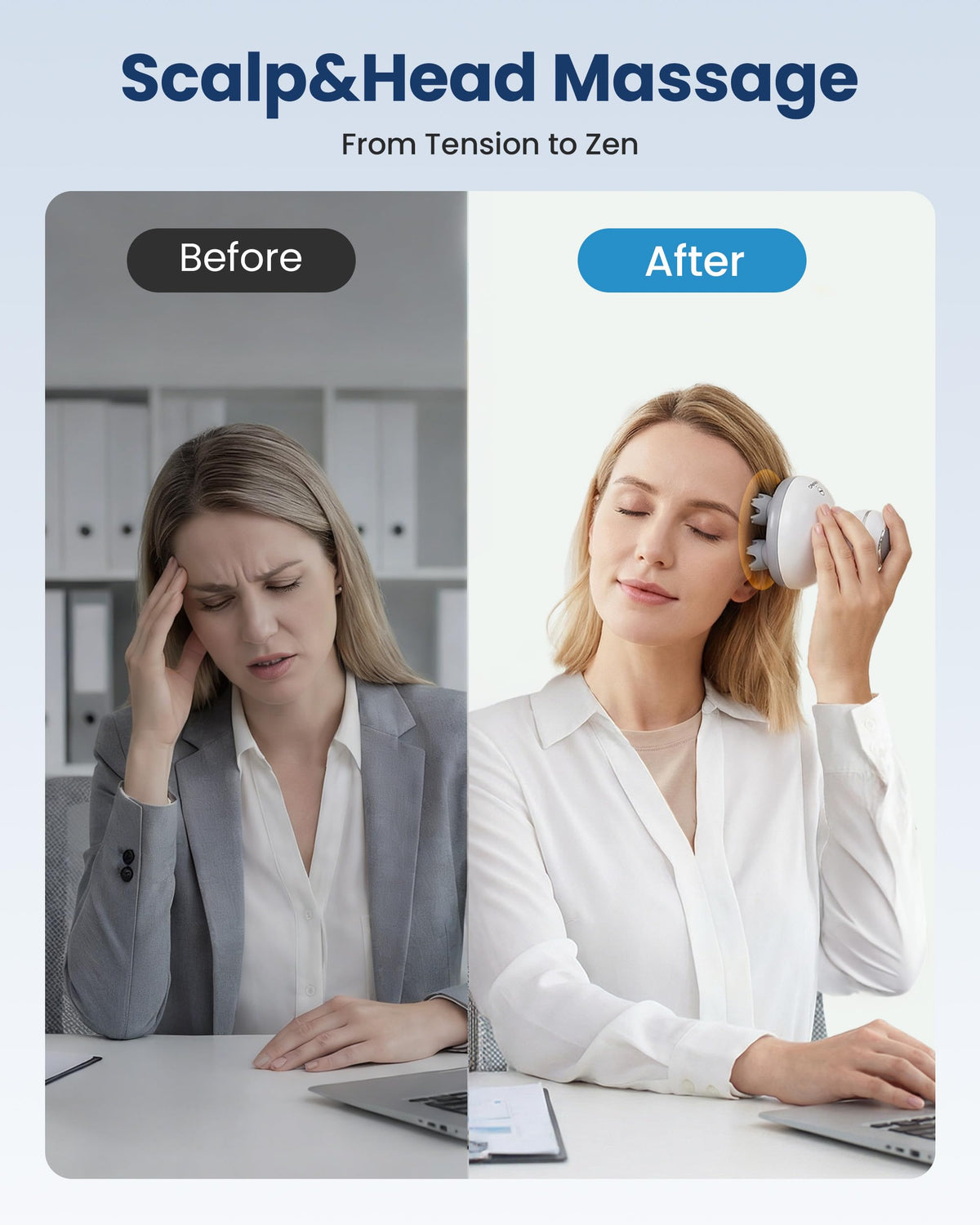 Comfier portable head scratcher massager sitting on its white charging base