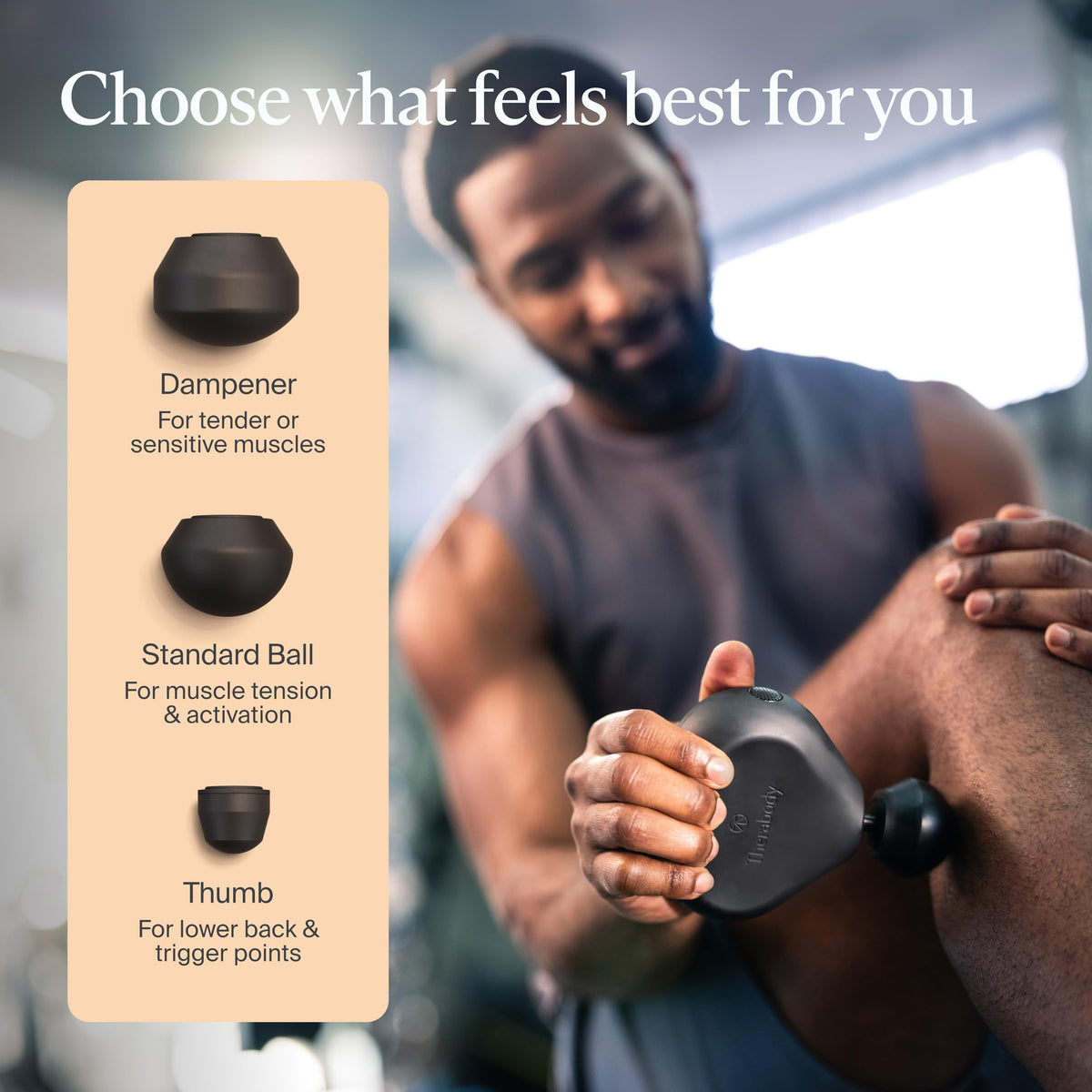 Therabody black percussion therapy device close up of power buttons