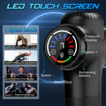 TOLOCO electric massager showing the smart LED touchscreen display with speed level controls and battery indicators.