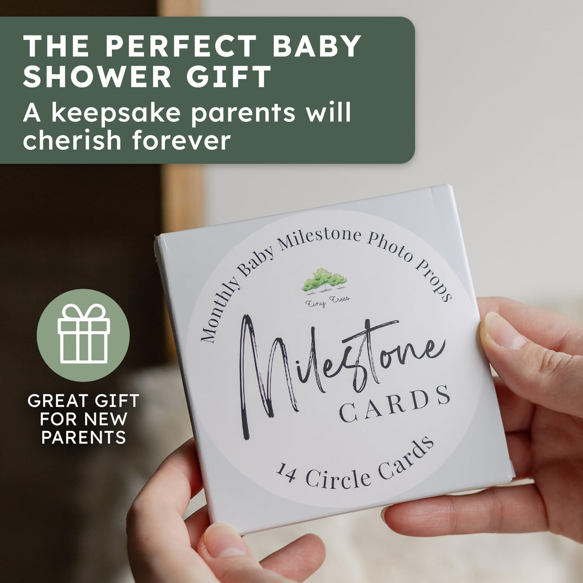 Close up view of authentic Tiny Trees milestone cards for monthly infant photography.