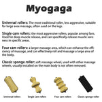 Myogaga manual muscle roller being used as a compression calf massager for lower leg pain relief.