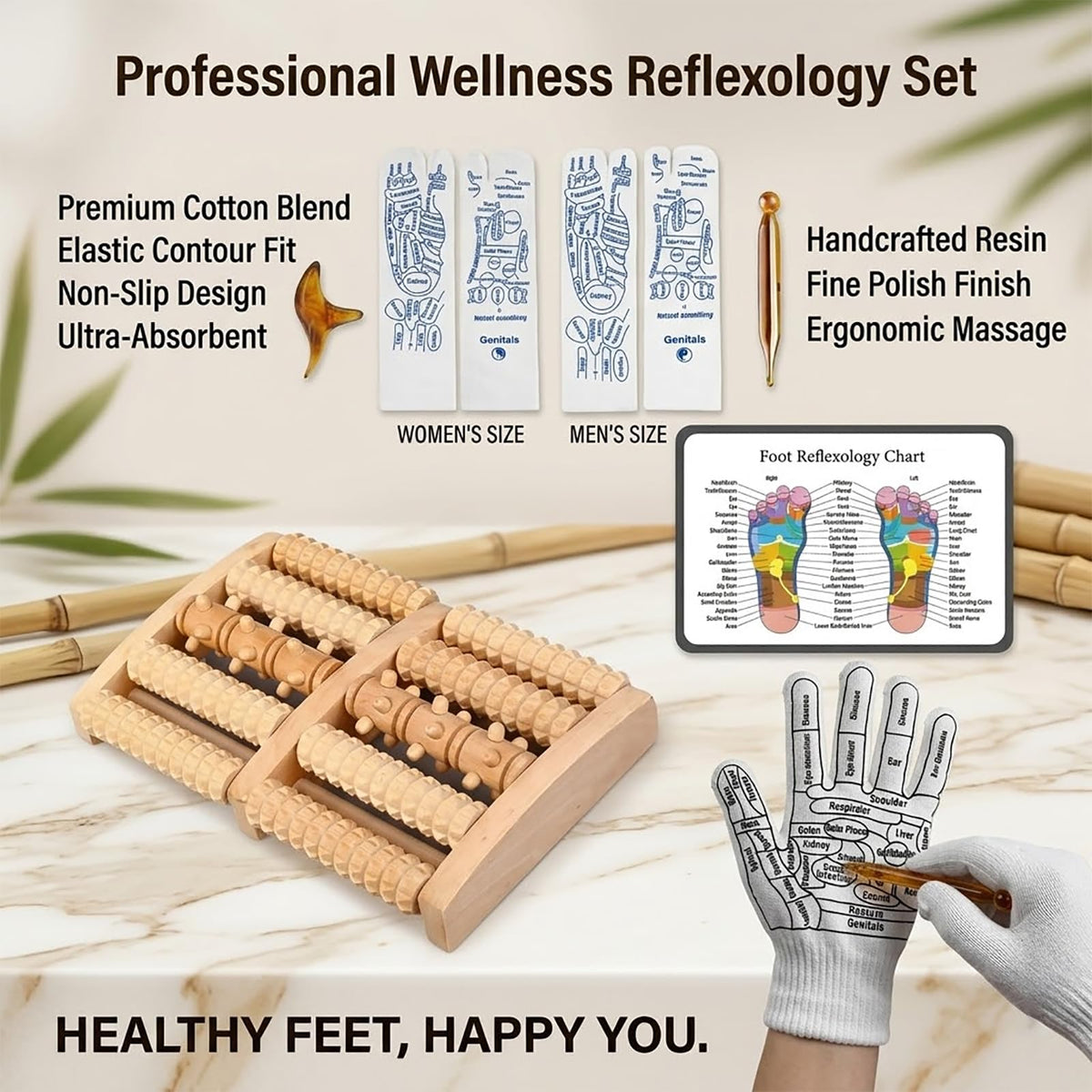 Complete massage therapy toolkit with reflexology gloves and textured foot mat.
