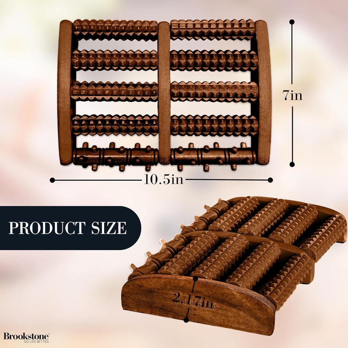 Side profile of Brookstone wooden foot massager for plantar fasciitis