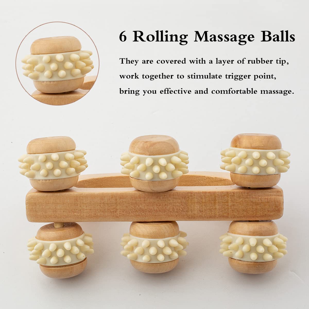 Ergonomic curved handle design of the Xukele manual wooden massager for easy grip.