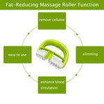 Water resistant green cellulite remover roller being rinsed under water after shower use