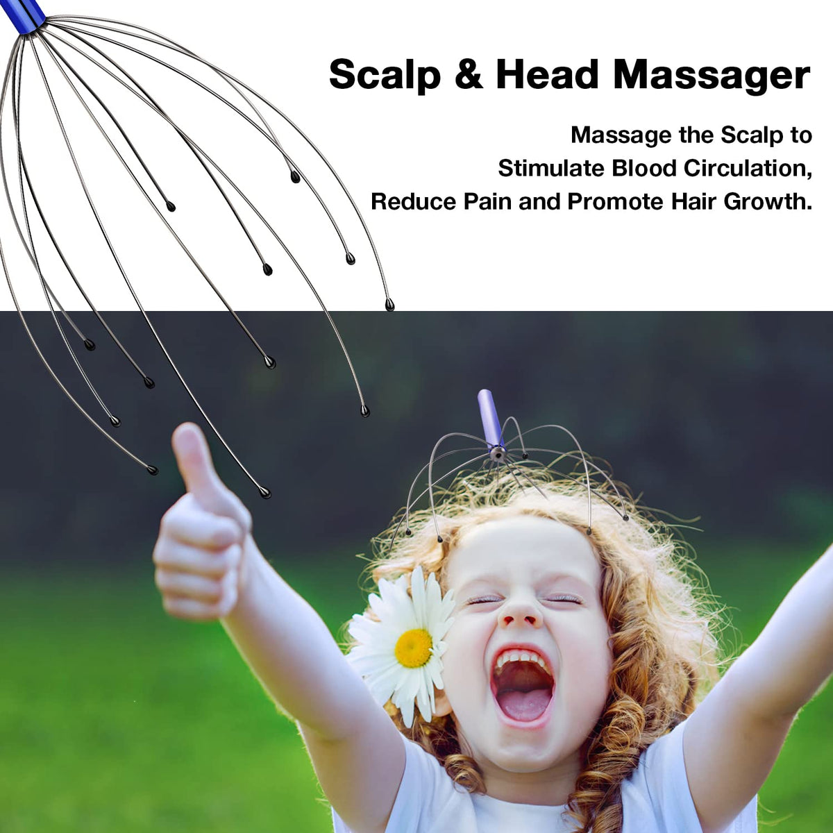 HOFASON scalp massager set highlighting twenty flexible metal fingers with protective rubber beads.