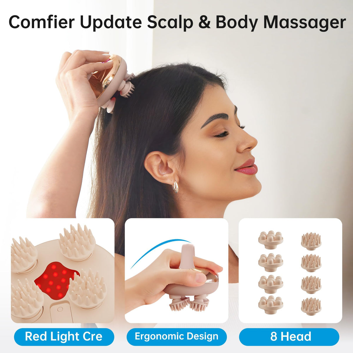 Comfier handheld head massager side view showcasing ergonomic gold design