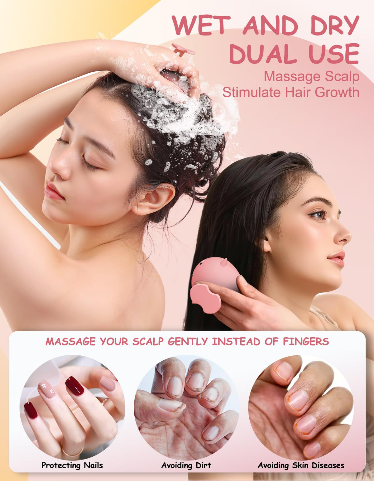 BLAAROOM handheld pink scalp scrubber being used in the shower for deep cleansing