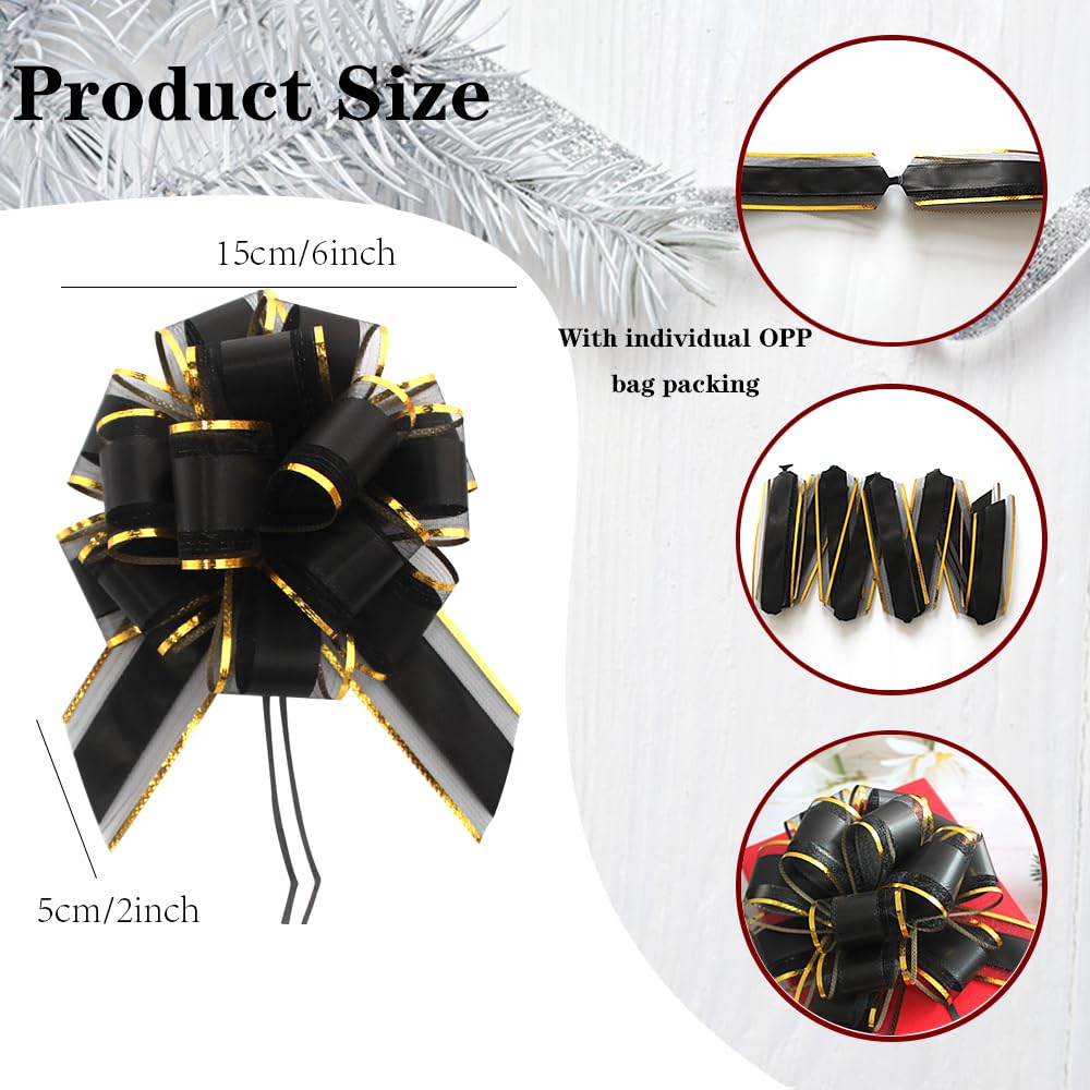 HQJAXJ premium black organza pull bows close up view of the gold lace decoration.
