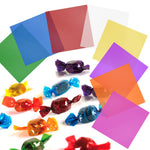 Close up of transparent colored plastic wrap sheets 7.5 by 7.5 inch