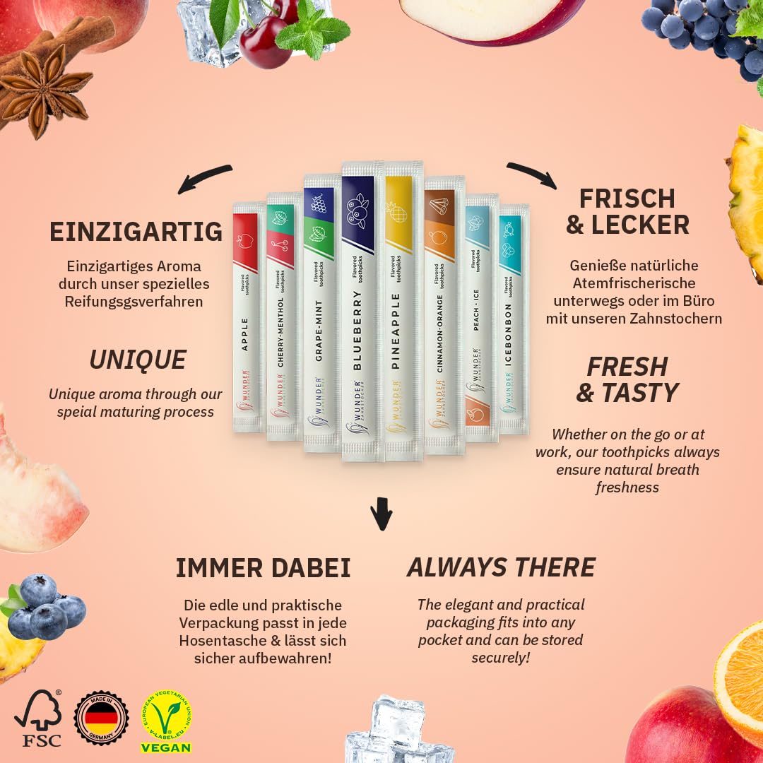 Wunder Zahnstocher premium infused birch wood toothpicks displaying eight flavor varieties