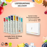 Wunder Zahnstocher packaging showing eight diverse natural fruit and mint flavors