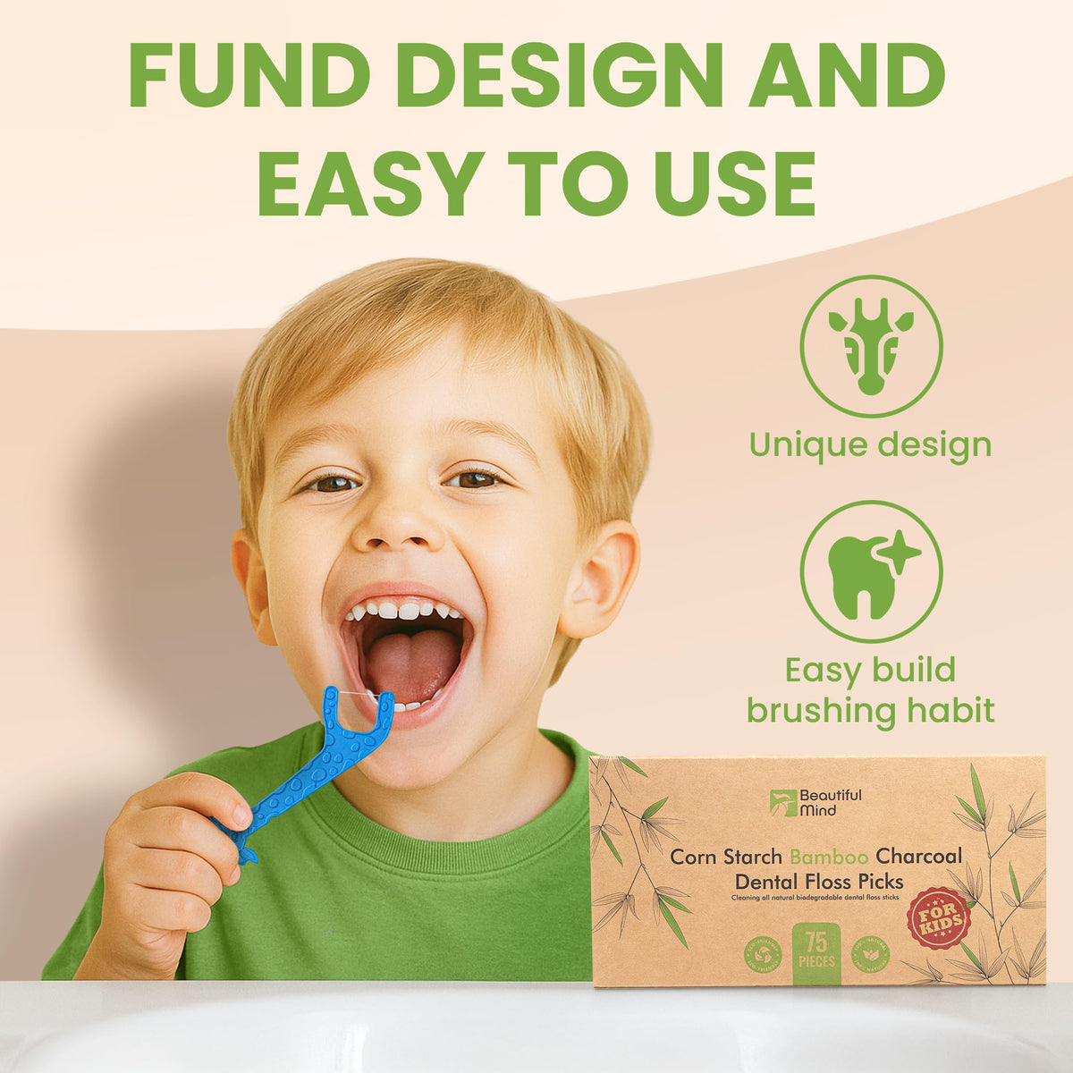 Biodegradable kids floss picks close up showing charcoal thread
