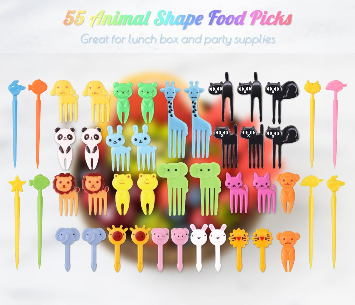 KDNZYIM brand kids decorative bento box forks showing diverse assortment of monkey and lion shapes.
