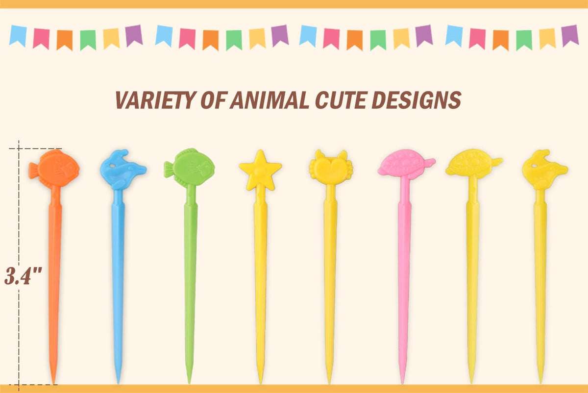 Safe food-grade plastic animal toothpicks packaged neatly for school meal preparation and catering.