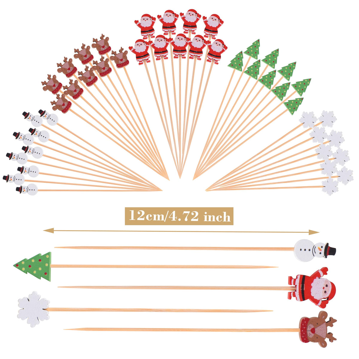 Close up of five festive hand-painted toppers on bamboo skewers