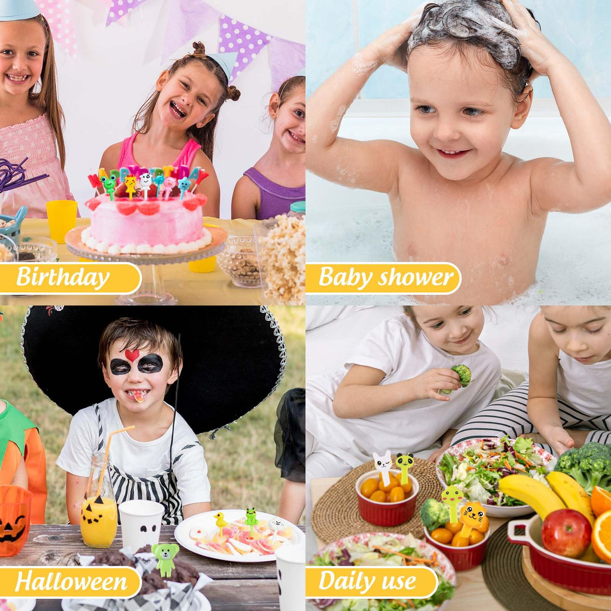 Complete packaging of the 65 piece animal food picks for picky eaters showcasing all colors