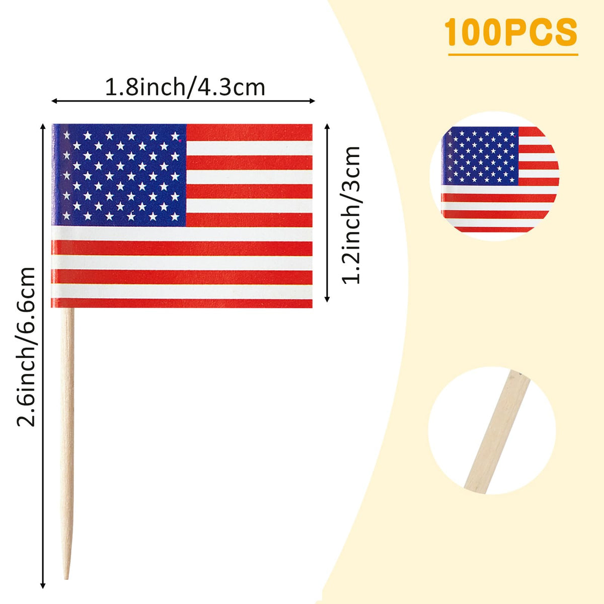 Close up view of Spanish theme party cupcake toppers showing the detailed double sided flag printing and polished wooden toothpicks