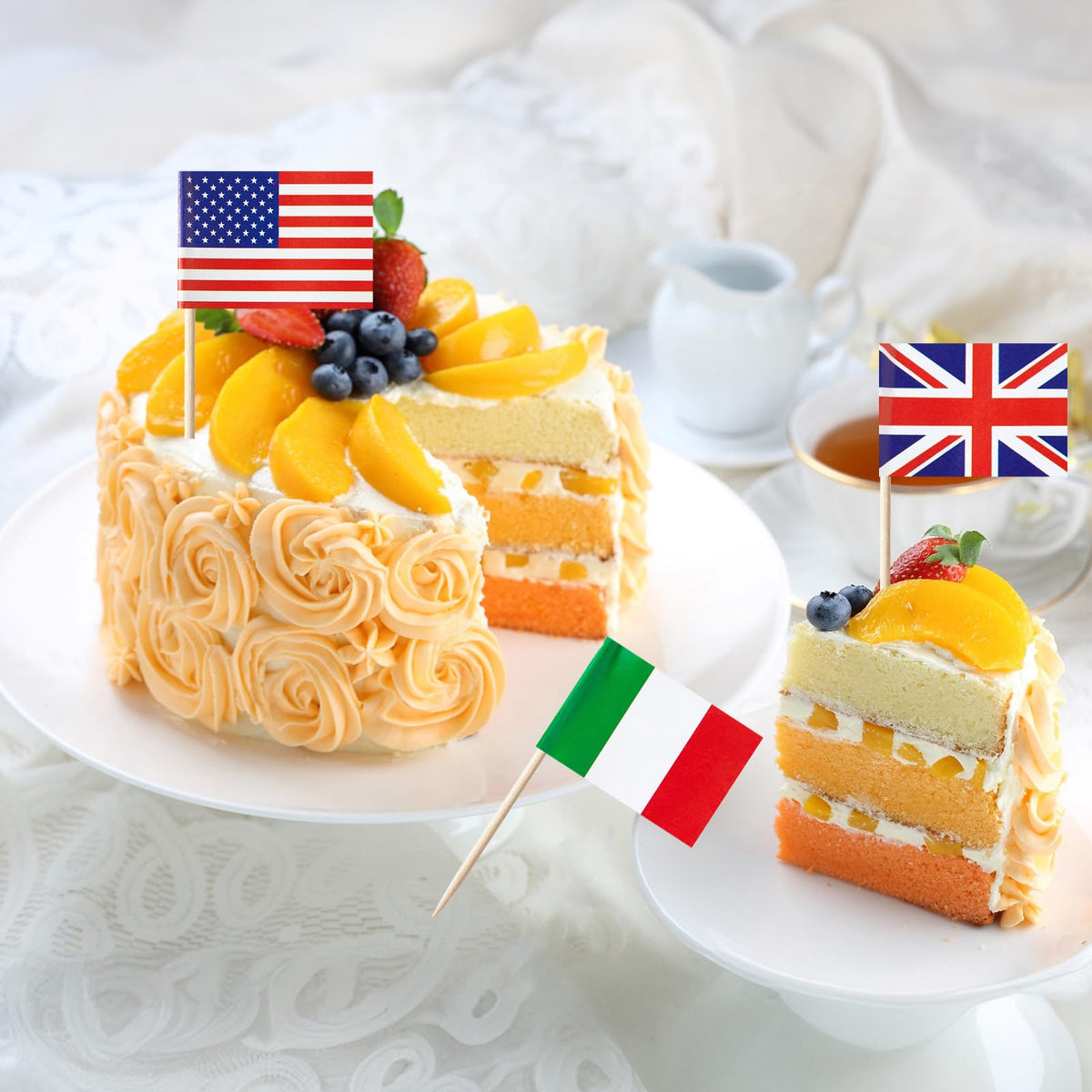 Assorted Latino cocktail food flags neatly arranged to display the twenty one different country flag designs included in the package