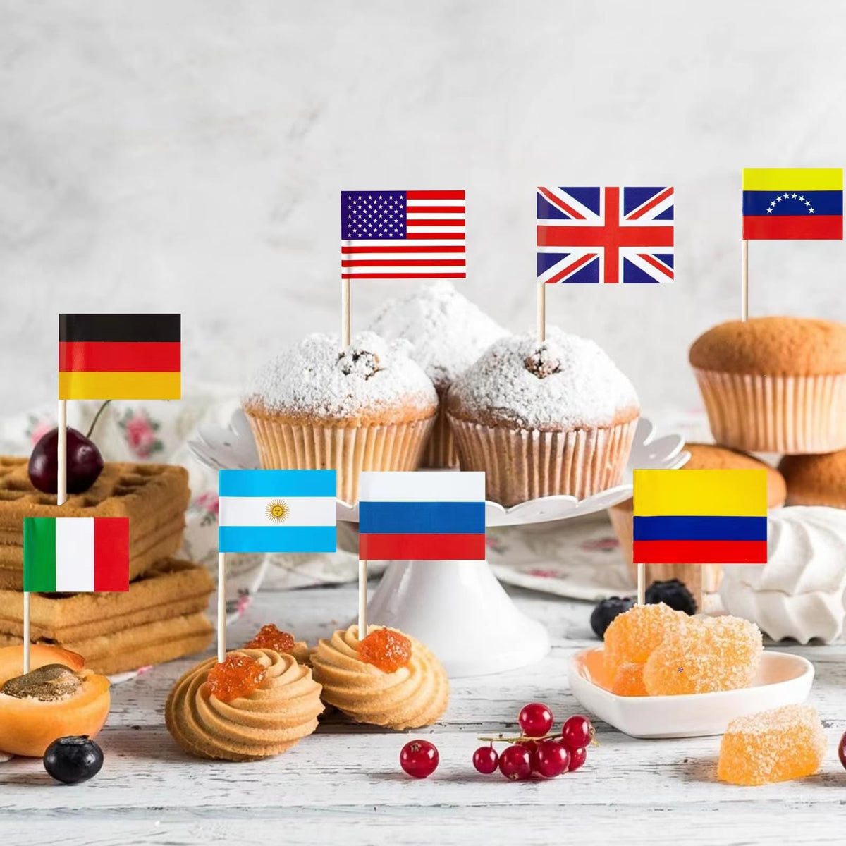 Vibrant and crisp Latin American flag toothpick decorations spread out to demonstrate the one hundred five piece set volume