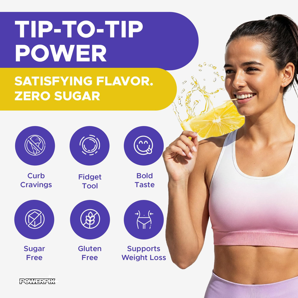 PowerPix sugar free flavored toothpicks side view showing ingredient facts and instructions.