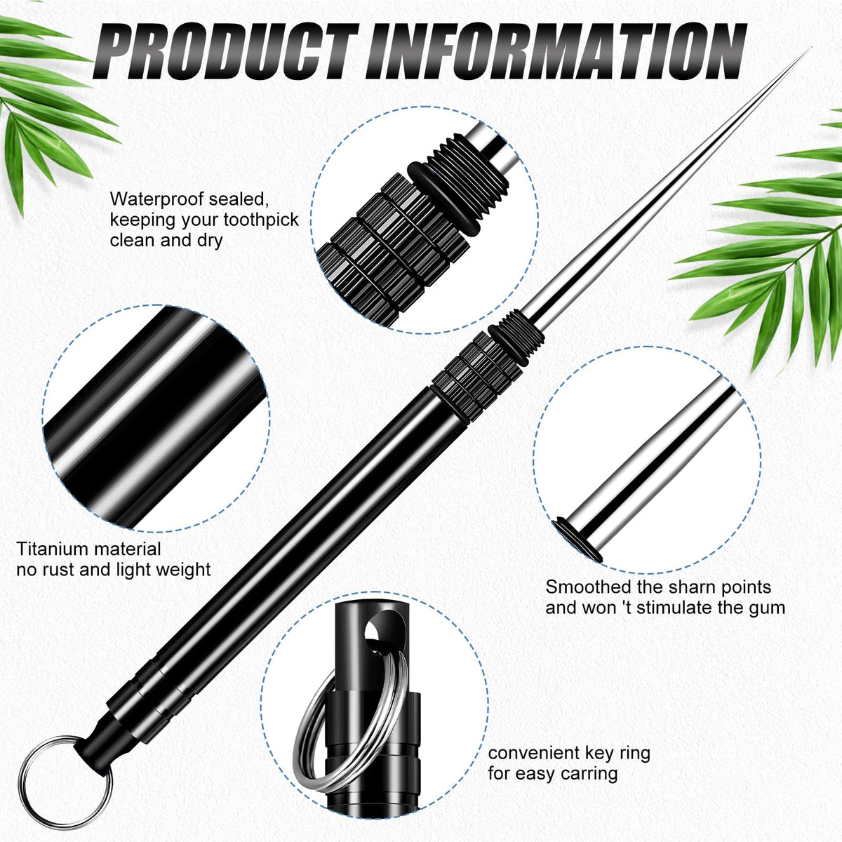 Black titanium telescopic toothpicks with protective case holder side angle closeup.