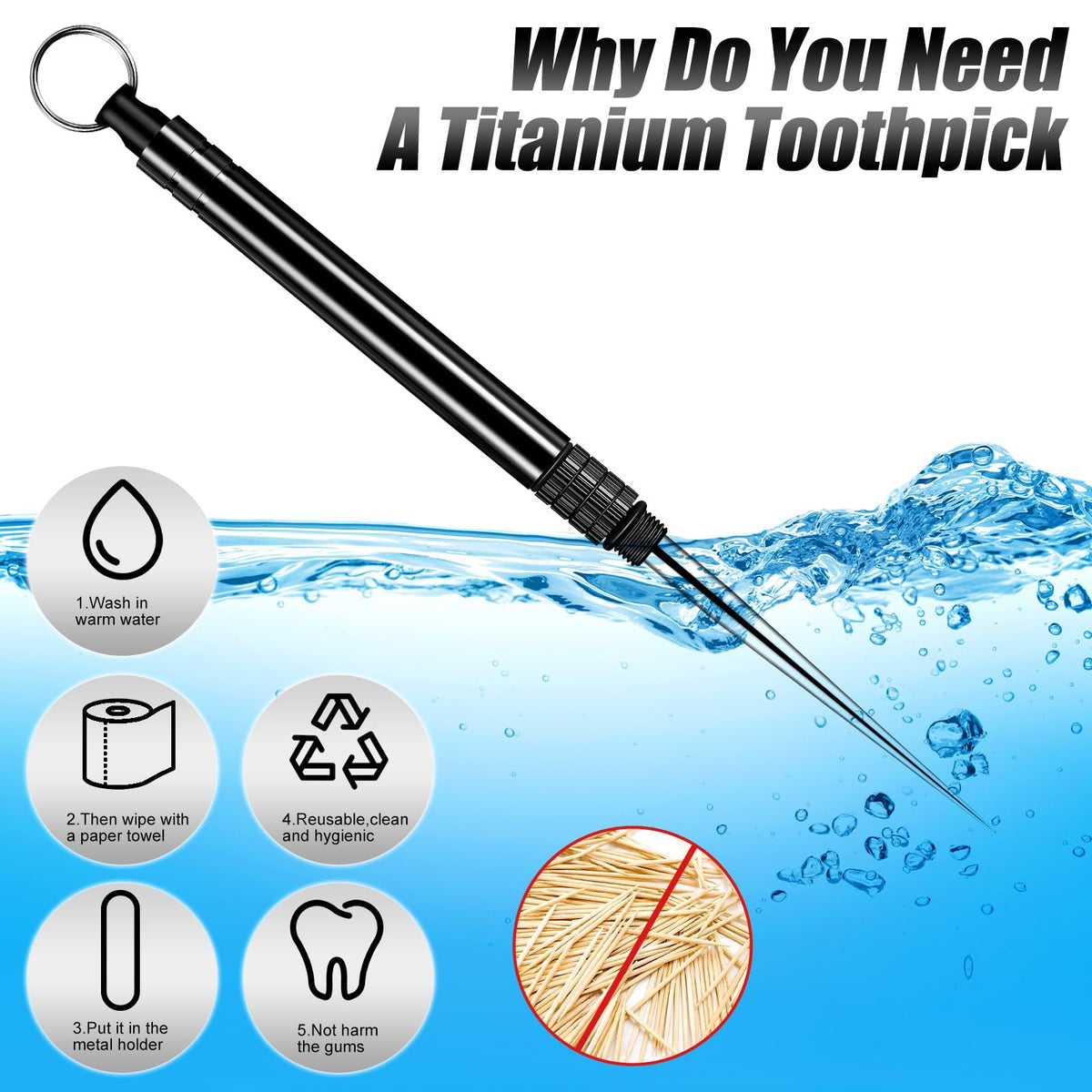 WDAHDHP metal toothpicks extended out of the compact protective case for travel hygiene.