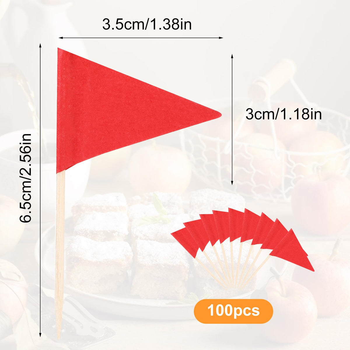 Close up view of the writable blank surface on the mini red triangle flag cupcake toppers used as cheese markers.