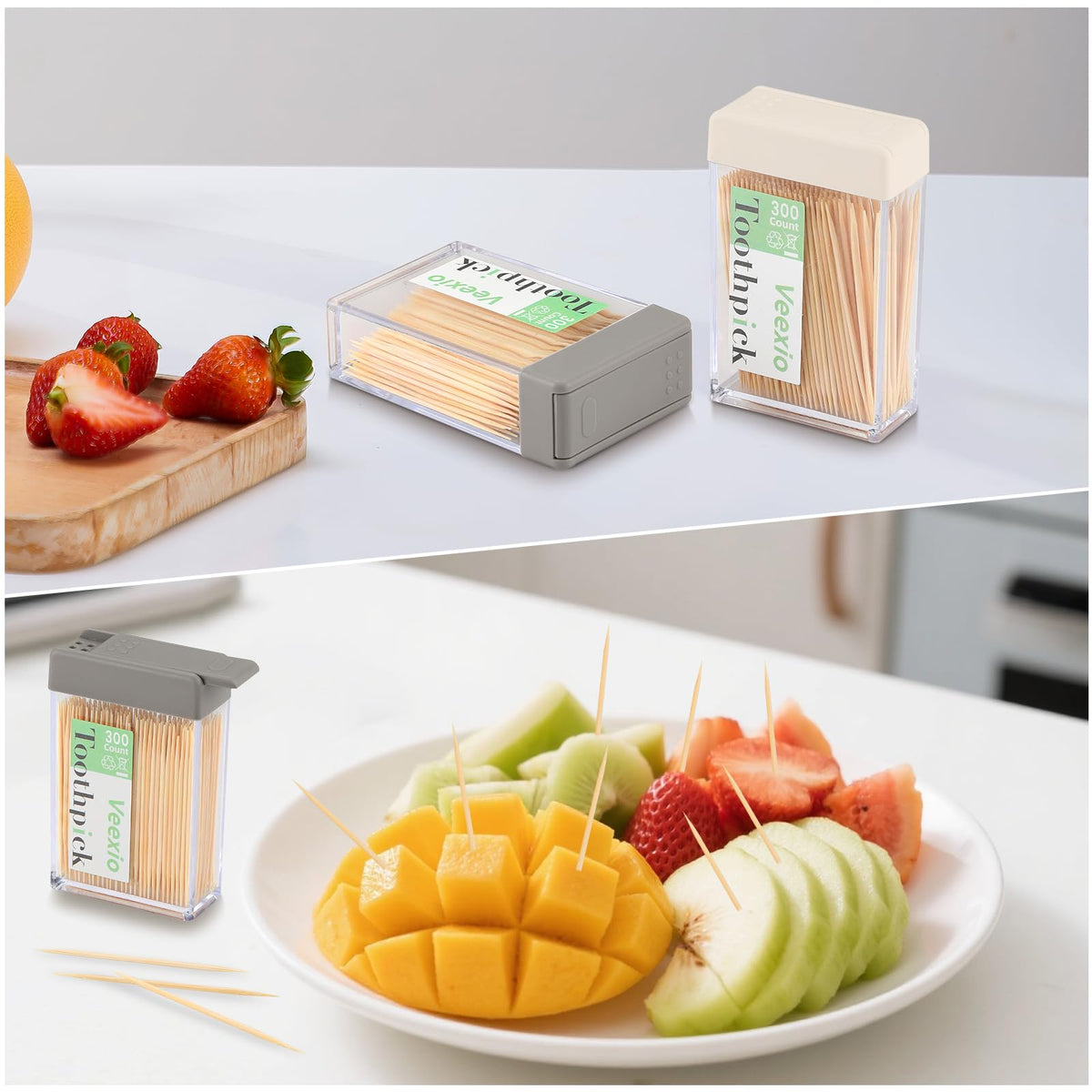 Veexio smooth splinter free bamboo toothpicks displayed alongside elegant appetizer platter