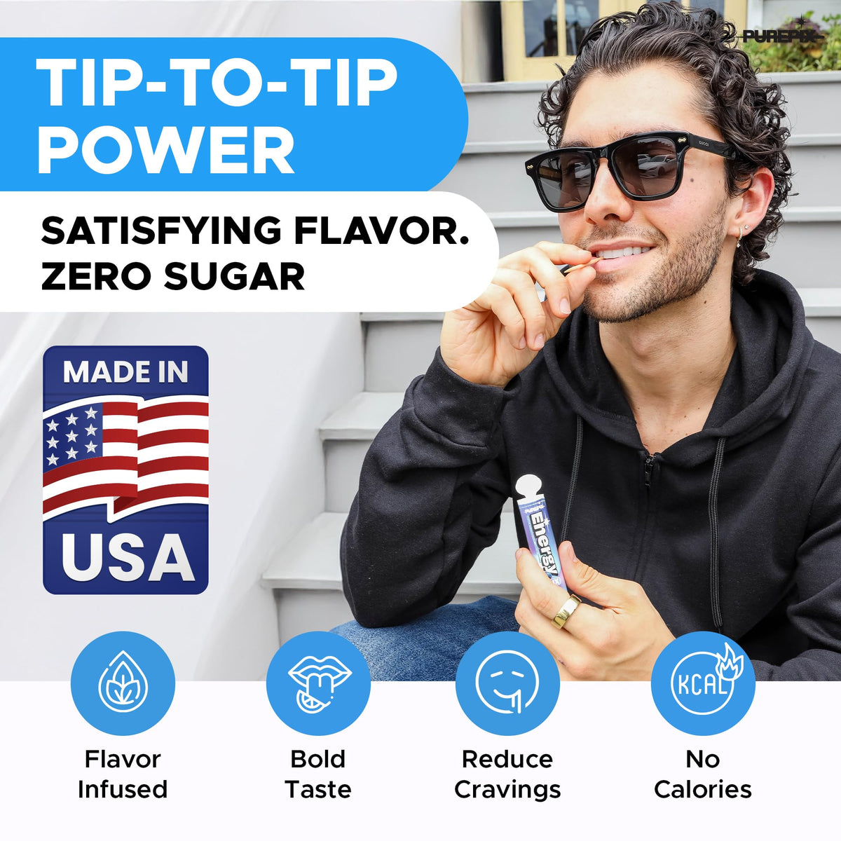 PurePix energy flavored toothpicks with caffeine L-theanine and B12 packaging close up